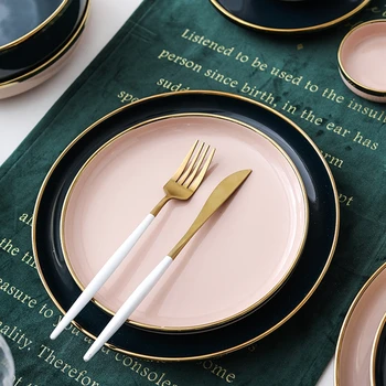 Solid Mørk blå eller lyserød farve Luksus Keramiske Middag Sæt : middag plade + accent plade + skåle +skeen Guld adge