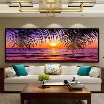 Solnedgange over Havet Stranden Naturlige Coconut Palm Panorama-Landskab diamant maleri i stor størrelse Væg Kunst Billede med Hjem Indretning N1548