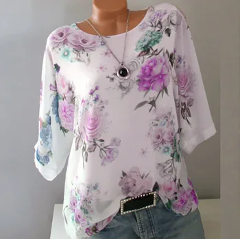 Sommer Blomster Print Kvinder Bluse 5XL Plus Size Chiffon Bluser Half Sleeve Stranden Shirt Kontor Arbejde Shirts Blusas Feminina Toppe