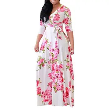 Sommer kjole Boho Kvinder V-Hals Lange Ærmer Blomster Print Bælte i Taljen Plus Size Maxi Party Dress robe femme dametøj 2021