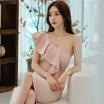 Sommer Kjoler Pink Rød Bodycon Bandage Ene Skulder Flæser Dame Kjole Vintage Elegante Koreansk Tøj Sexet Fest Sundress