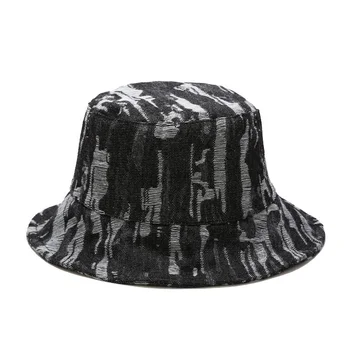 Sommer Nyt Nødlidende Wash Denim Hullet Spand Hat For Mænd Udendørs Casual Solhat Unisex Fashion Panama Fisker Cap