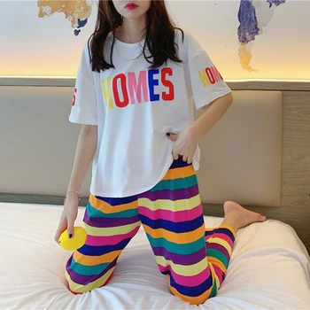 Sommer Pyjamas Sæt Kortærmet Top Bukser Kvinder 2 Delt Sæt Tegnefilm Korean Style Home Service Løs Nattøj Mode