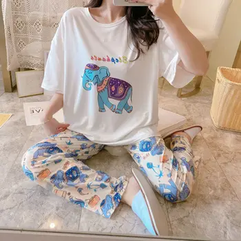 Sommer Pyjamas Sæt Kortærmet Top Bukser Kvinder 2 Delt Sæt Tegnefilm Korean Style Home Service Løs Nattøj Mode