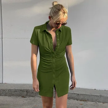Sommer Skjorte Kjole Turn-Down Krave Chic Ruched Kjoler til Kvinder 2021 Fashion Streetwear Mini Party Vestidos De Mujer Casual