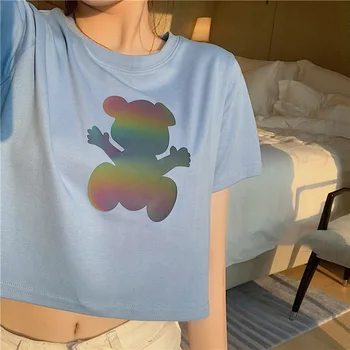 Sommeren 2021 Flash Reflekterende TShirt Tøj Bærer Print Kvinder Afgrøde Top Løs Long Tee Unisex T-shirt Par Sæt Oversize Tøj