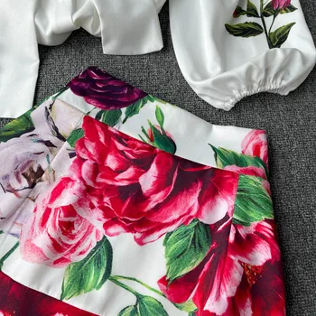 Sommeren Banens Design Elegant Blomst Printted Shirt, Nederdel 2 delt Sæt Kvindelige Bue krave Skjorte + A-line Nederdel Passer til Kontor Udstyr