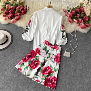 Sommeren Banens Design Elegant Blomst Printted Shirt, Nederdel 2 delt Sæt Kvindelige Bue krave Skjorte + A-line Nederdel Passer til Kontor Udstyr