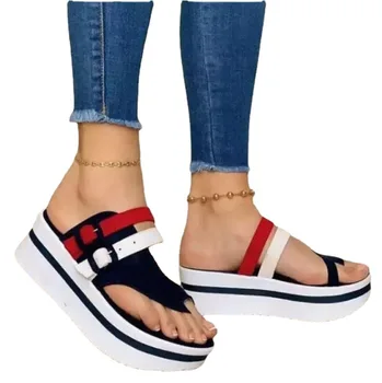 Sommeren damer mode slope hæl sandaler, afslappet strand kvinder er tykke såler open-toe snørebånd damer farve-blokerende spænde sandaler