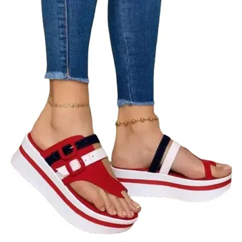 Sommeren damer mode slope hæl sandaler, afslappet strand kvinder er tykke såler open-toe snørebånd damer farve-blokerende spænde sandaler