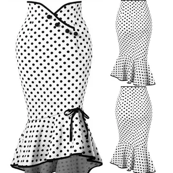 Sommeren Elegante Mode Kjole Kvinder Casual Høj Talje Polka Dot Print Midi-Nederdel-Knappen Blonder Polka Dot Print Fiskehale Nederdel Nederdel