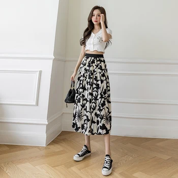 Sommeren Franske Chiffon Nederdel Kvindelige Mode Koreansk Stil Syning Udskrivning Midi-Nederdel Damer Vintage Høj Talje Nederdele Til Kvinder