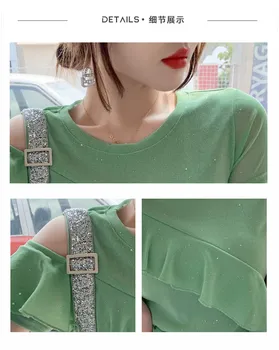 Sommeren Korean Style T-Shirten Mode Sexet Flæser Off Skulder Skinnende Diamant Kæde Kvinder Toppe Casual Alle Match Tees 2021 T14709A