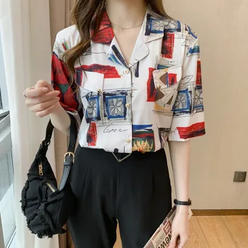 Sommeren koreansk Mode Satin dame Shirts Turn-down Krave Silke Kontor Dame Knap Op-Shirt Sort dame Toppe