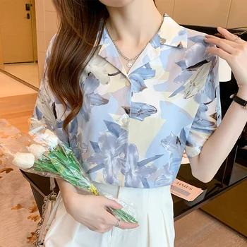 Sommeren Koreansk Mode Silke Kvinde Shirts Satin Kontor Dame Korte Ærmer Knappet Skjorte Løs Damer Toppe Bluse