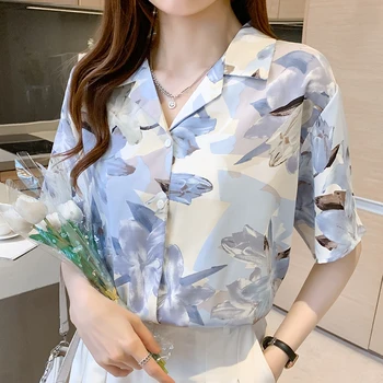 Sommeren Koreansk Mode Silke Kvinde Shirts Satin Kontor Dame Korte Ærmer Knappet Skjorte Løs Damer Toppe Bluse