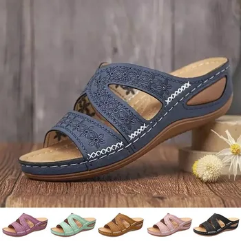 Sommeren Kvinder Kile Sandaler Premium Ortopædisk Åben Tå Sandaler Vintage Anti-slip Læder Casual Kvindelige Platform Retro Sko