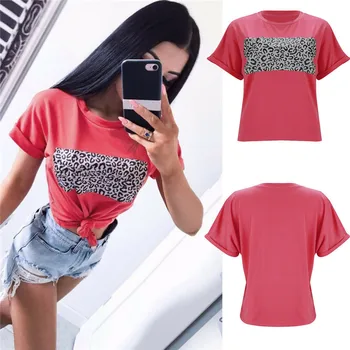 Sommeren Kvinder Leopard T-Shirts, Toppe Casual Korte Ærmer Rød Patchwork-Shirts Ladies Løs Shirts Tøj Fritid Blusa Outwear