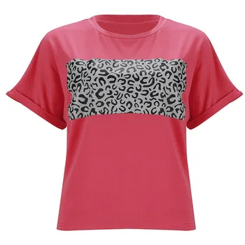 Sommeren Kvinder Leopard T-Shirts, Toppe Casual Korte Ærmer Rød Patchwork-Shirts Ladies Løs Shirts Tøj Fritid Blusa Outwear