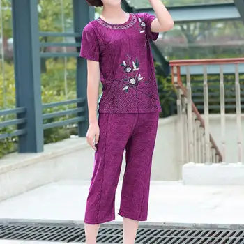 Sommeren Kvinder Pyjamas O Hals Blomster Print kortærmet T-shirt Bukser Løstsiddende Tøj for midaldrende