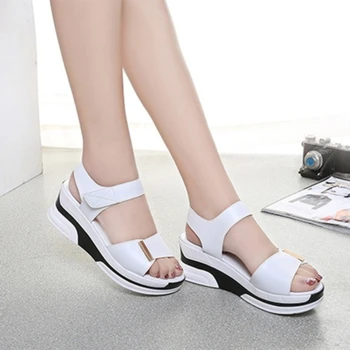 Sommeren Kvinder Sandaler Koreanske Version Kile Hæl Kvinder Casual Sko Velcro Sandaler Damer Platform Solid Farve Åben Tå Sandaler
