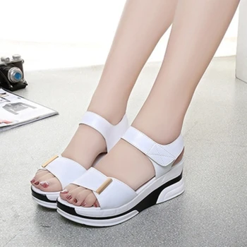 Sommeren Kvinder Sandaler Koreanske Version Kile Hæl Kvinder Casual Sko Velcro Sandaler Damer Platform Solid Farve Åben Tå Sandaler