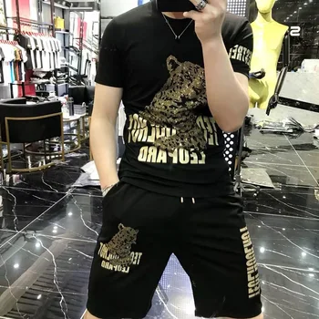 Sommeren leopard sportstøj til mænd Træningsdragt diamant mænds shorts+T-shirt til mænd passer til 2-stykke stramme sportstøj
