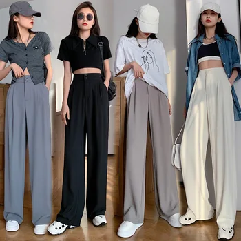 Sommeren Løs Casual Bukser Til Kvinder Af Høj Talje Maxi Bred Ben Bukser Kvindelige Elegante 2021 Modetøj Ny