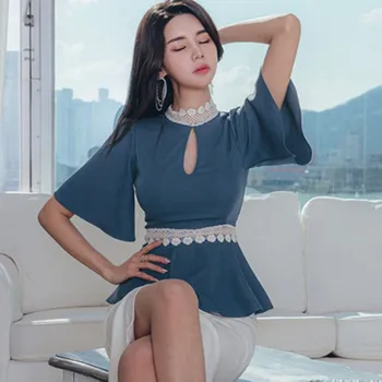 Sommeren Nye 2021 koreanske Kvinder Elegante Blonder Patchwork Slim Flare Ærmet Top Women ' s Fashion Udhuling Ud af Partiet Kort Skjorte
