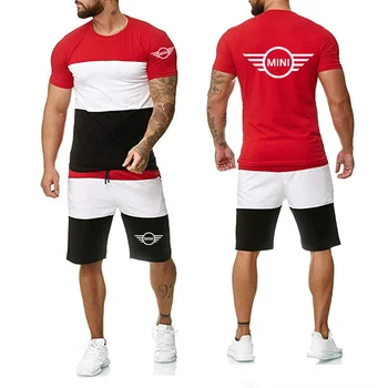 Sommeren nye kortærmet T-shirt MINI Bil med Trykt logo høj kvalitet Bomuld casual trend Splejsning Mænds kortærmet + shorts 2-delt sæt