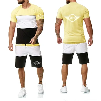 Sommeren nye kortærmet T-shirt MINI Bil med Trykt logo høj kvalitet Bomuld casual trend Splejsning Mænds kortærmet + shorts 2-delt sæt