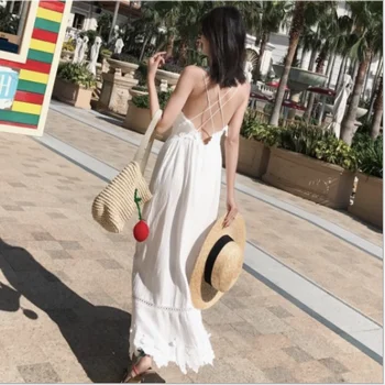 Sommeren nye stil fe temperament halterneck tynd hvid kjole stranden nederdel strand