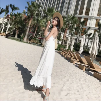 Sommeren nye stil fe temperament halterneck tynd hvid kjole stranden nederdel strand