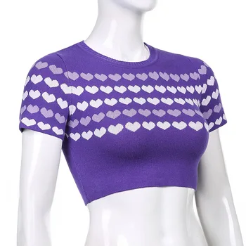 Sommeren nye stil kvinders kærlighed hjerte print hit farve rund hals casual T-shirt