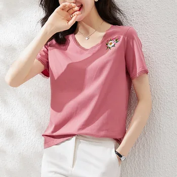 Sommeren Rund Hals Løs Montering kortærmet Pullover koreanske Lace Pink V-hals Bomuld Trykt T-shirt dametøj