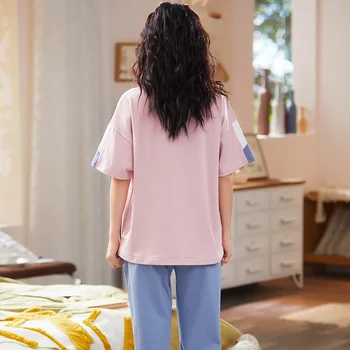 Sommeren Tegnefilm Pink Bomuld Pyjamas Sæt Til Kvinder Mode Kawaii Nattøj Blød Afslappet Korte Ærmer Bukser Plus Size Hjem Bære
