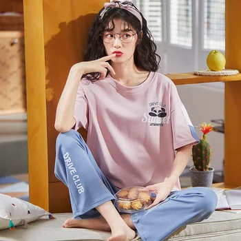 Sommeren Tegnefilm Pink Bomuld Pyjamas Sæt Til Kvinder Mode Kawaii Nattøj Blød Afslappet Korte Ærmer Bukser Plus Size Hjem Bære