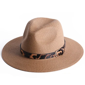 Sommeren Unisex Halm solhat Casual Leopard Jazz Hat Sol-Resistente Wide Brim Beach Sun Hætte til Kvinder, Mænd