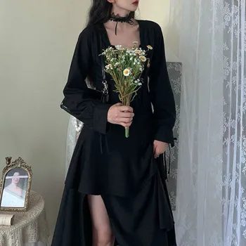 Sort Delt Kjole Kvinder Elegante Design-Gothic Kjole Kvindelige Streetwear Uregelmæssige Flæser Party Dress Efteråret Tøj Kvinder 2021