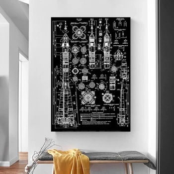 Soyuz-Raket Tegninger i Sort / Hvid Lærred Maleri Plakat og Print Raket Plan Væg Kunst Billede til stuen Home Decor