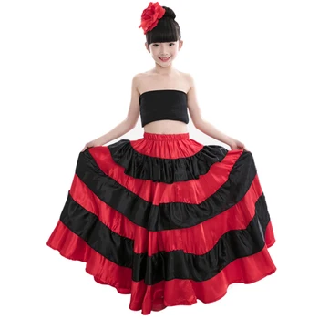 Spansk Flamenco Dans Kostumer Prinsesse Nederdel i Rød og Sort Gypsy Style Ballroom Mave Dans Kjole til Børn