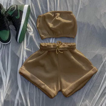 Sporty Casual Streetwear To-delt Sæt Til Kvinder Stropløs Top Og Korte Co-ord Outfits bomuldssnor Træning Sæt