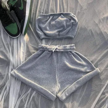 Sporty Casual Streetwear To-delt Sæt Til Kvinder Stropløs Top Og Korte Co-ord Outfits bomuldssnor Træning Sæt