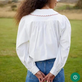 Spring Nye Produkt Rose Broderet Retro fransk Fan-formet Revers Puff Ærme Top Kvinder Shirt