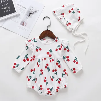Spædbarn Baby Piger Cherry Udskrivning Rompers Og Hat, Tøj, Nye 2020 Foråret Efteråret Kids Pige Langærmet Rompers Tøj