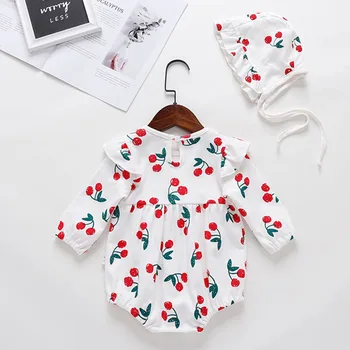 Spædbarn Baby Piger Cherry Udskrivning Rompers Og Hat, Tøj, Nye 2020 Foråret Efteråret Kids Pige Langærmet Rompers Tøj