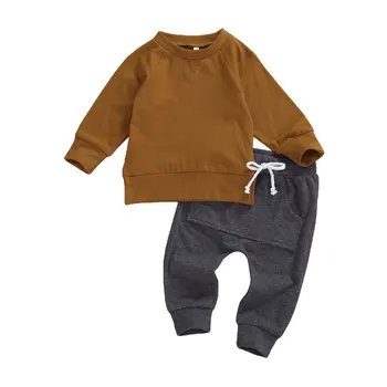Spædbarn Kids Baby Drenge 2stk Sæt Tøj langærmet Hættetrøje, Toppe, Bukser Lomme Solid Foråret Efteråret Udstyr