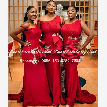 Stilfuld Rød Brudepige Kjoler Med Guld Pynt 2020 Ene Skulder Havfrue Lange Feje Tog Afrikanske Kvinder Bryllup Part Kjole