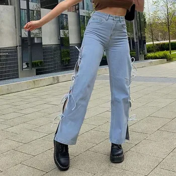 Stilfuld Side Bandage Split Jeans Kvinder Med Høj Talje Lige Sløjfeknude Streetwear Denim Bukser 2021 Sommeren Nye Lady Denim Bukser