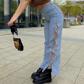 Stilfuld Side Bandage Split Jeans Kvinder Med Høj Talje Lige Sløjfeknude Streetwear Denim Bukser 2021 Sommeren Nye Lady Denim Bukser